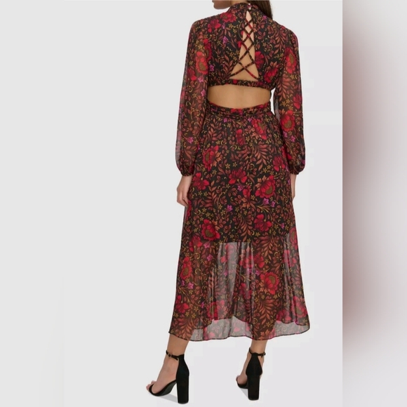 Guess Womens Black Floral Chiffon Long Sleeve Cutout Lace Up Maxi Dress 6 - Picture 3 of 9